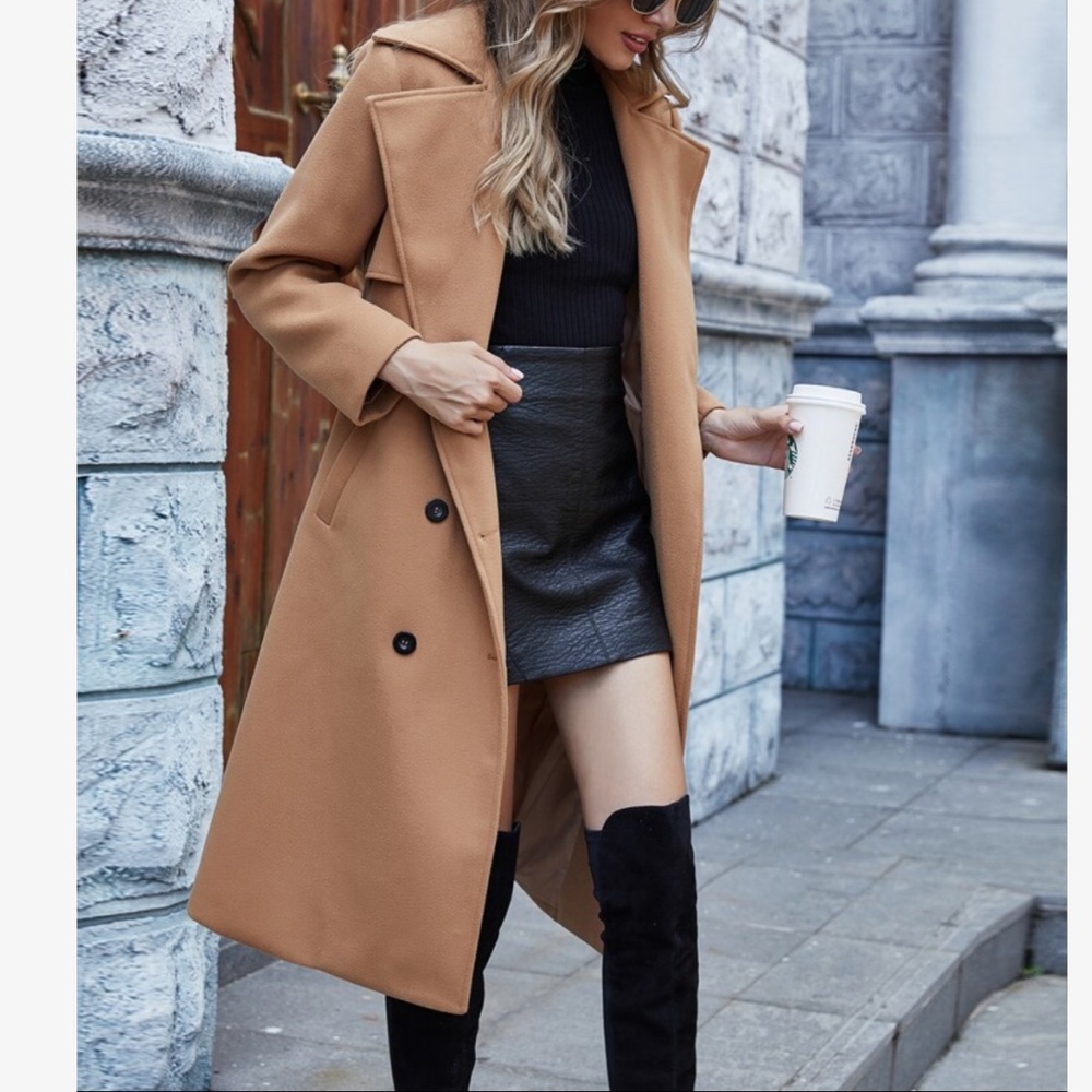 Double Breasted Button Trench Pea Coat Camel - Picture 5 of 7